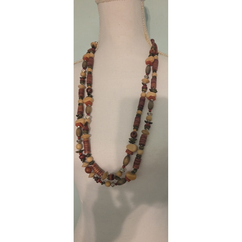 Boho Double Strand Beaded Statement Necklace Earthy Colors Wood Resin